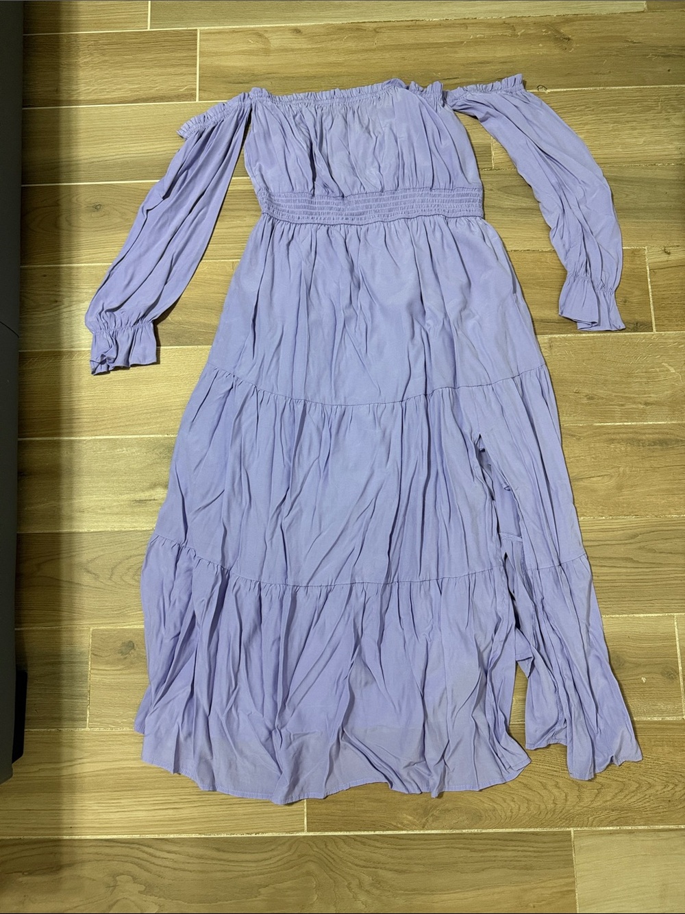 Off-Shoulder Lavender Maxi Dress with Smocked Waist